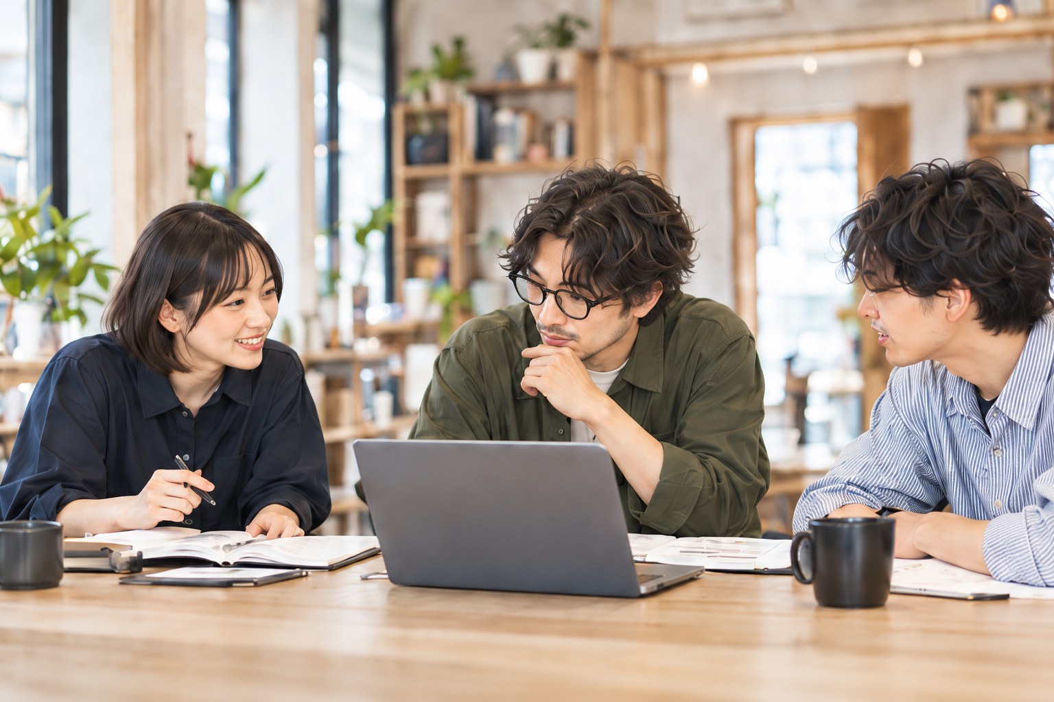 地域の仕事について、ノートとパソコンを囲んで相談する人たち